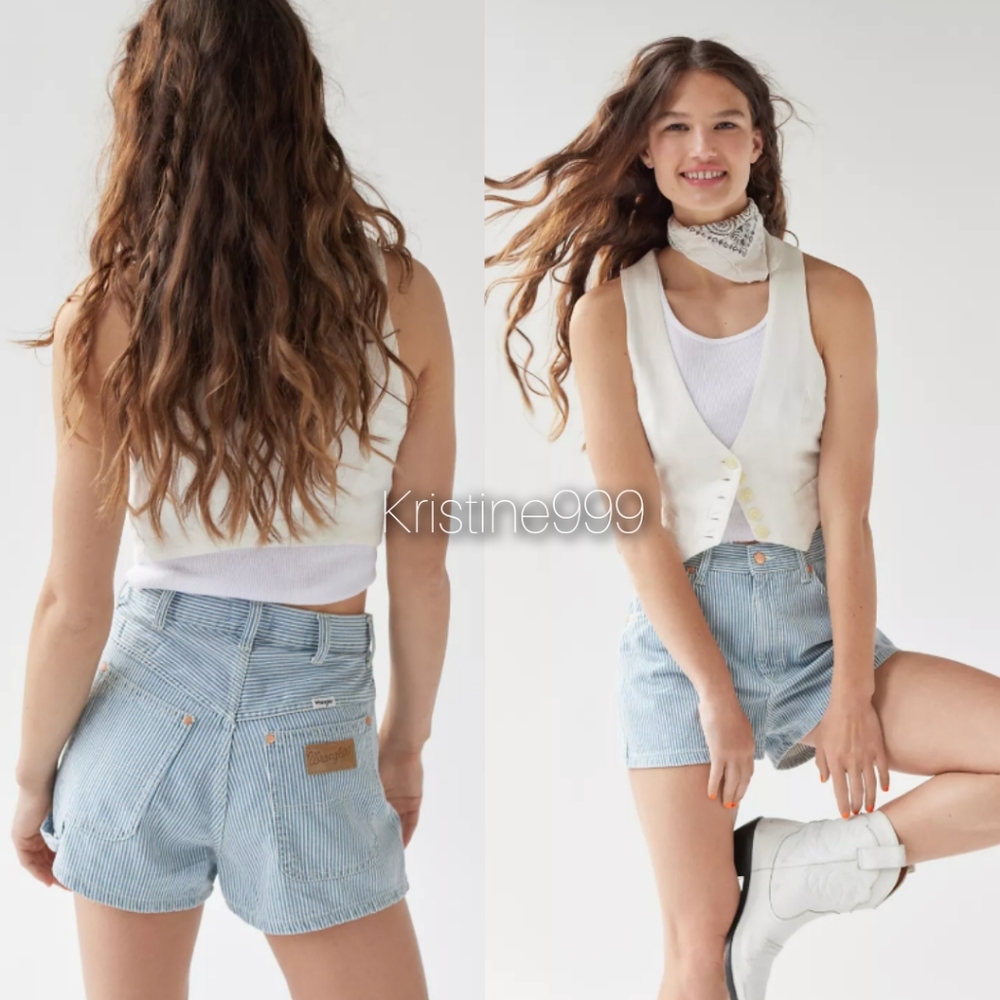 Free People X Wrangler Carpenter Shorts in Hick Horay Blue Mini Stripe Denim NWT